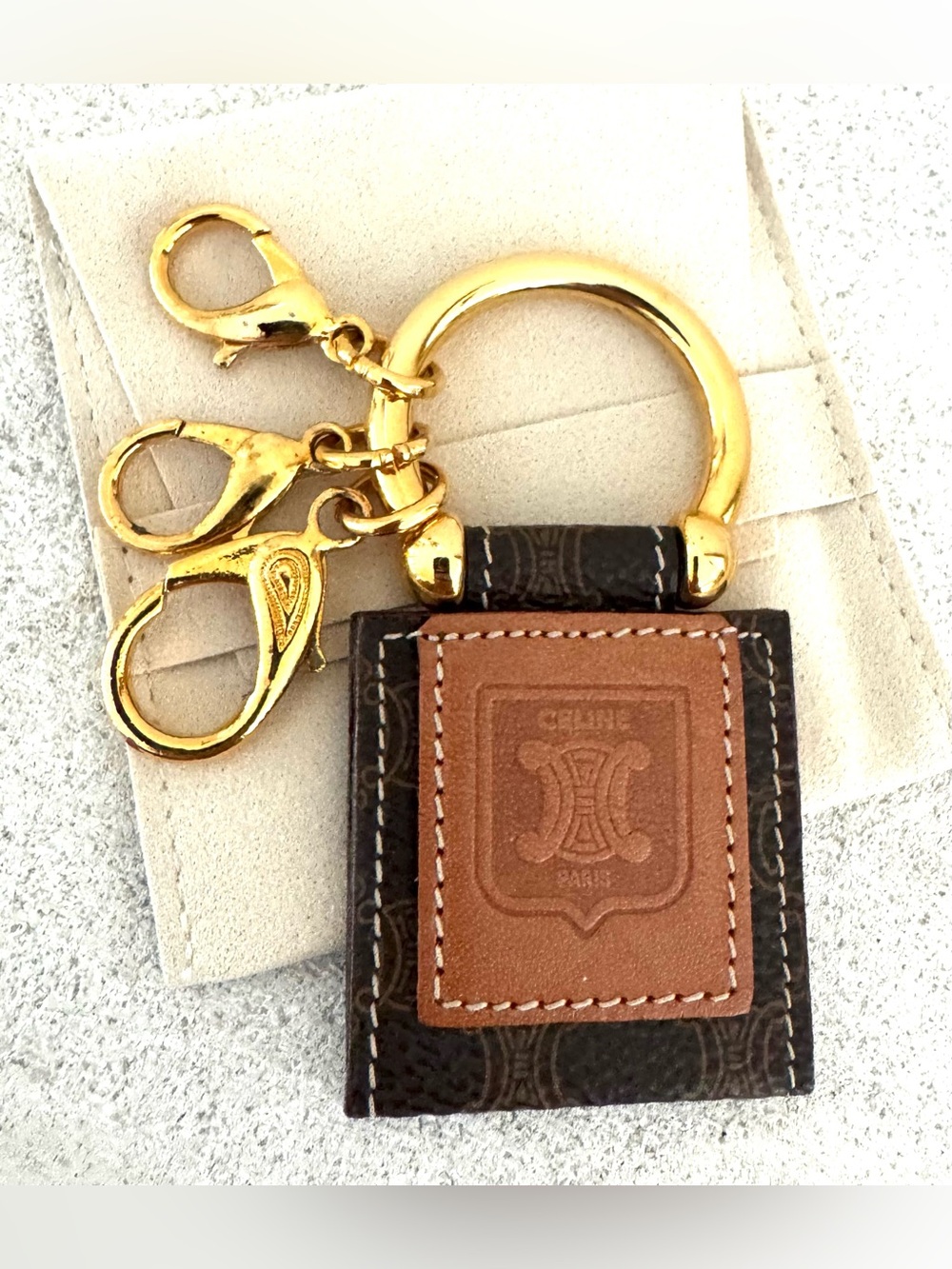 CELINE Macadam Canvas Leather Bag Charm Keychain Gold Tone Like New - Picture 3 of 7